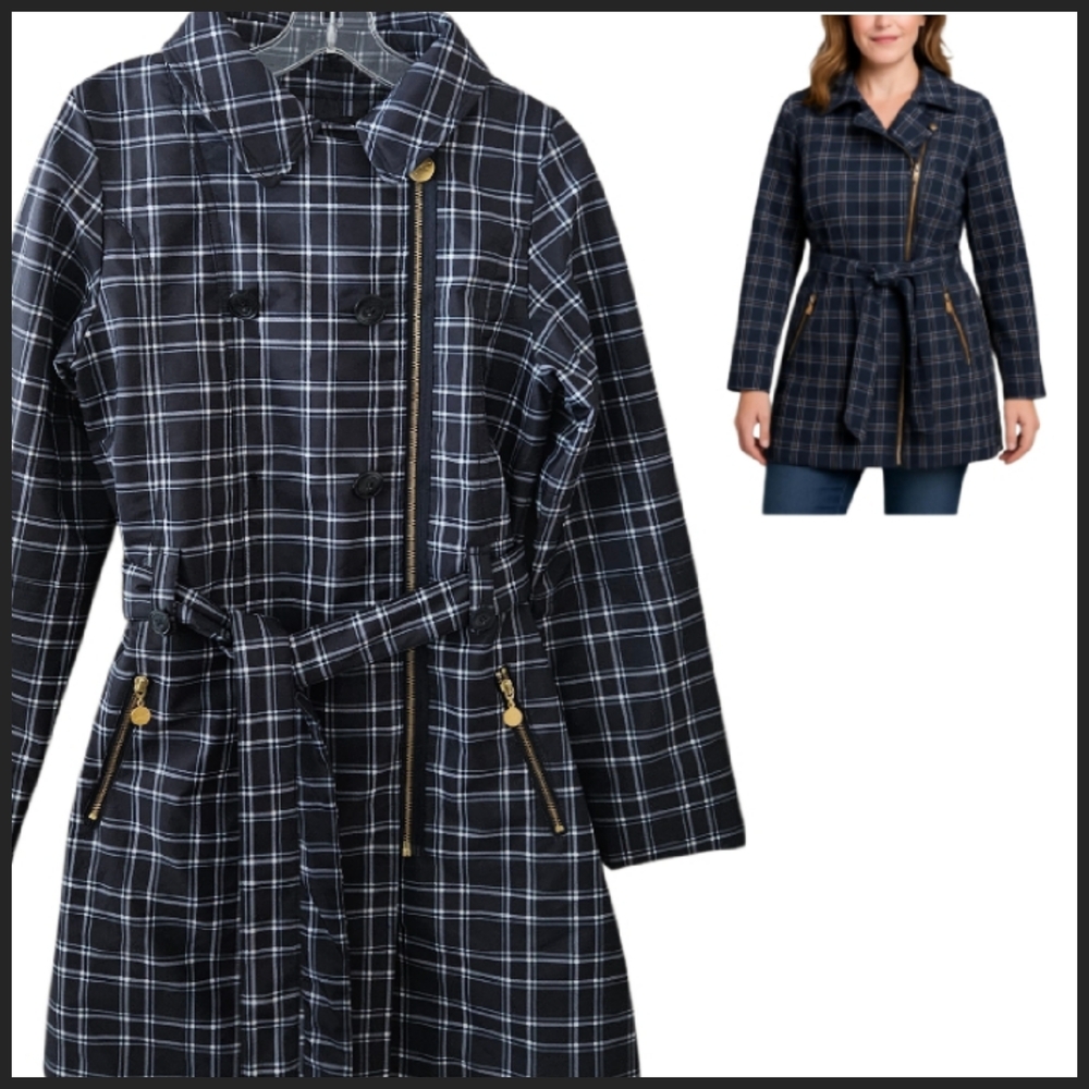 MOODS OF NORWAY Plaid Removeable Lined Insulatation Belted Trench Coat Medium.